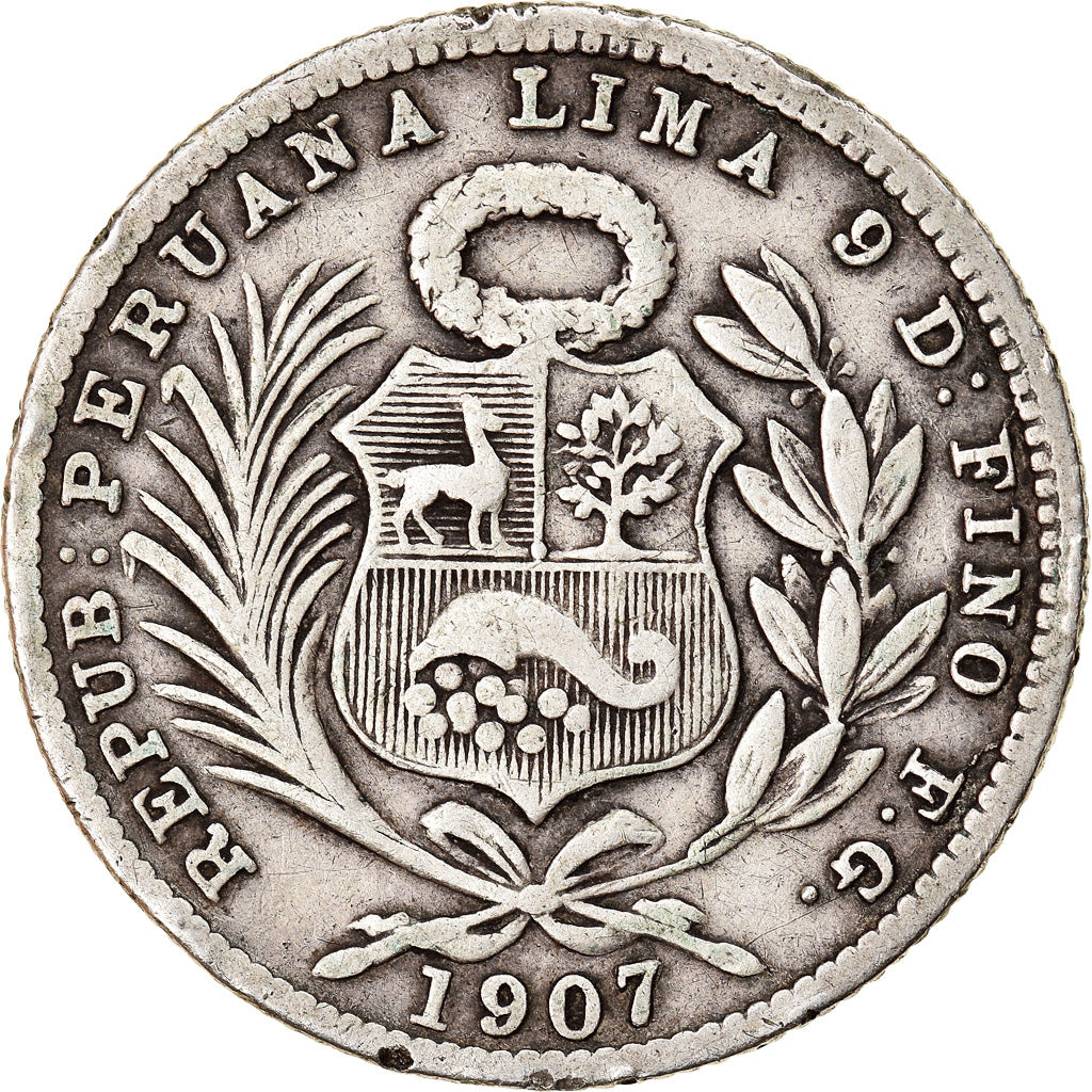 Moneda, Perú, 1/5 Sol, 1907, Lima, MBC, Plata, KM:205.2