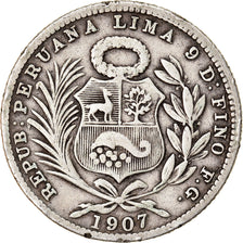 Moneda, Perú, 1/5 Sol, 1907, Lima, MBC, Plata, KM:205.2
