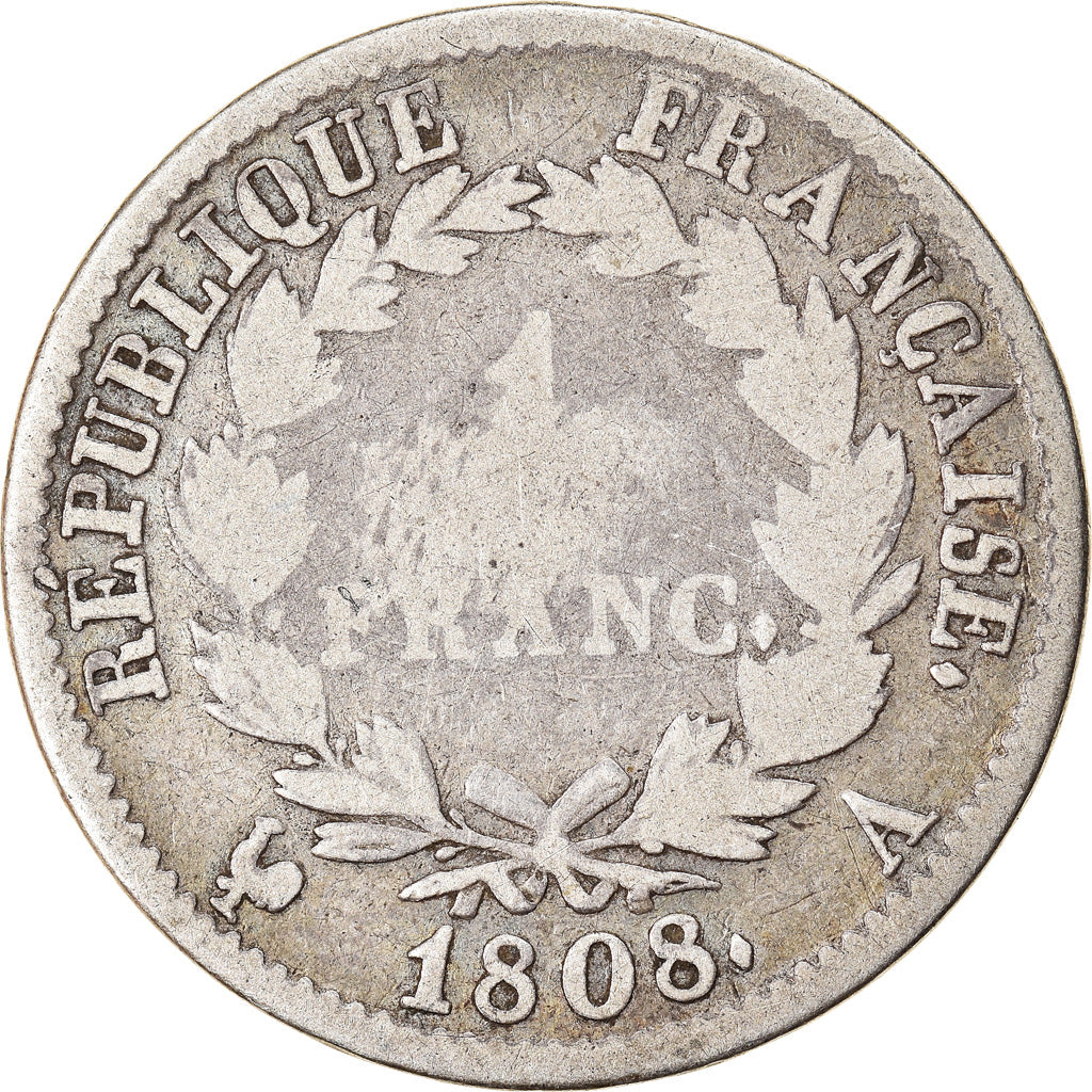 Moneta, Francja, Napoléon I, Franc, 1808, Paris, VF(20-25), Srebro, KM:682.1
