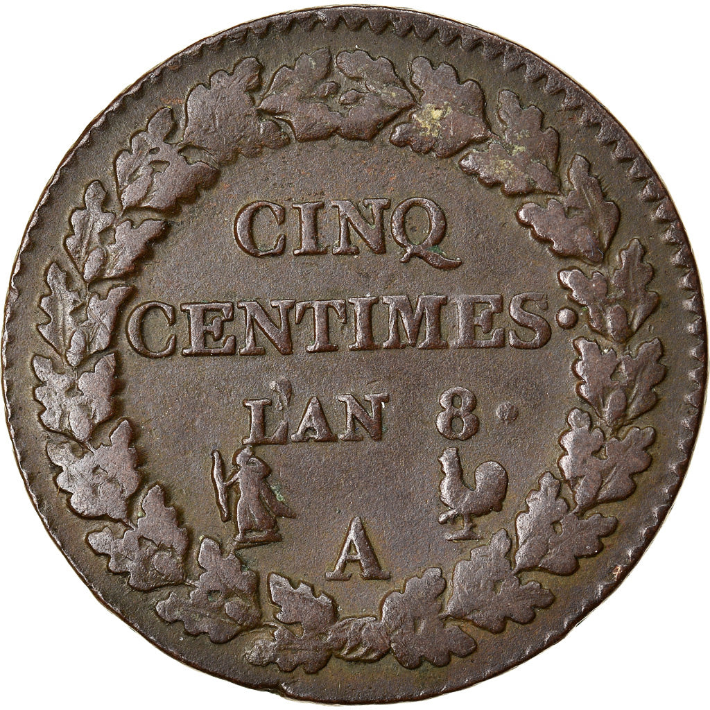 Monnaie, France, Dupré, 5 Centimes, AN 8, Paris, TTB, Bronze, Gadoury:126a