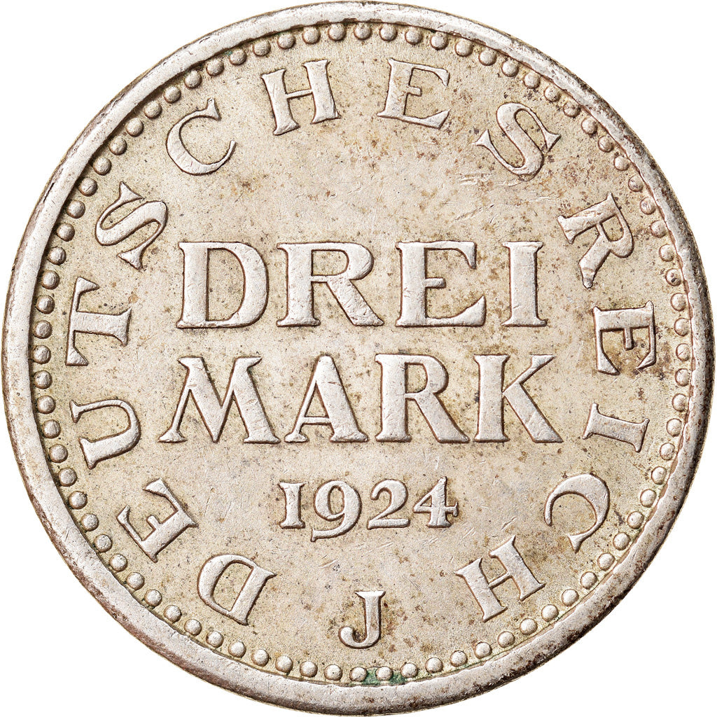 Coin, GERMANY, WEIMAR REPUBLIC, 3 Mark, 1924, Hamburg, EF(40-45), Silver, KM:43