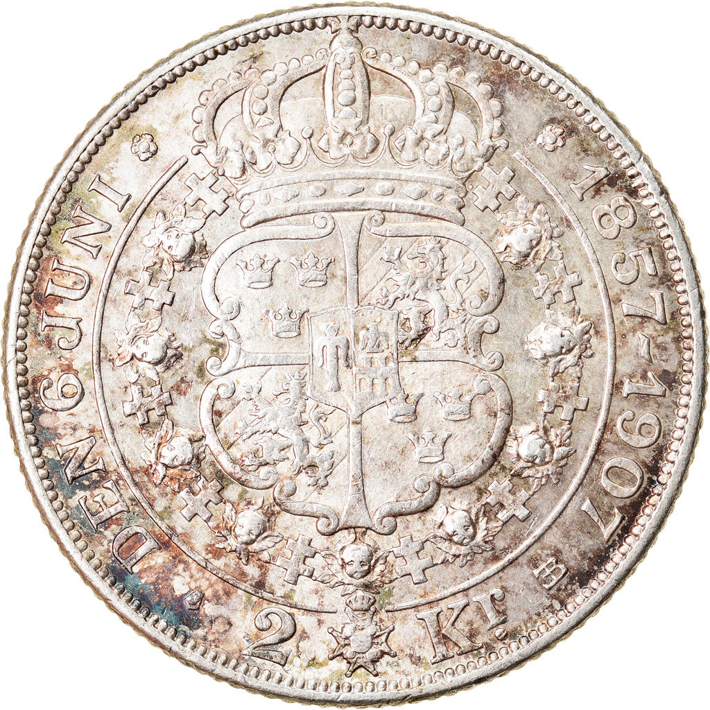 Coin, Sweden, Oscar II, 2 Kronor, 1907, AU(55-58), Silver, KM:776