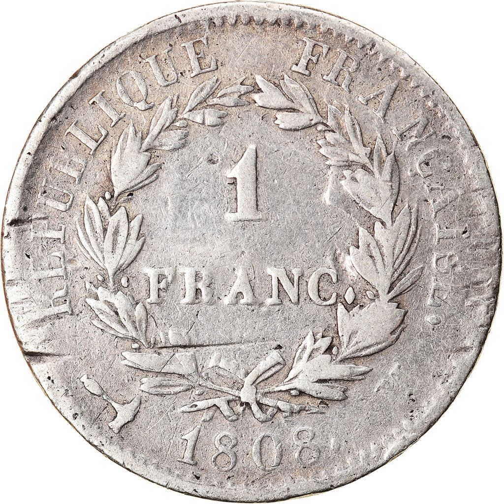 Moneda, Francia, Napoléon I, Franc, 1808, Toulouse, BC+, Plata, KM:682.9