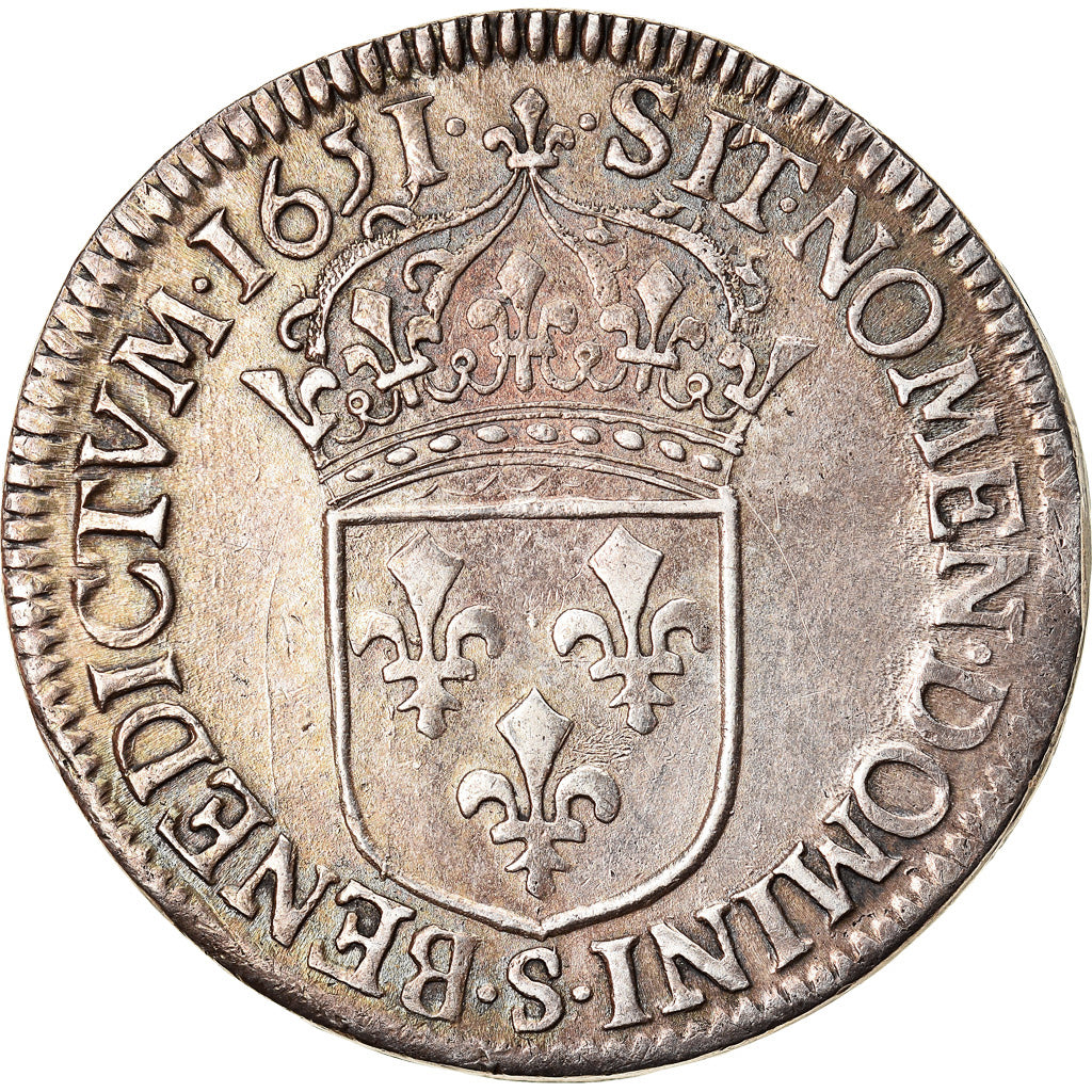 Moneda, Francia, 1/2 Ecu, 1651, Troyes, MBC+, Plata, Gadoury:169