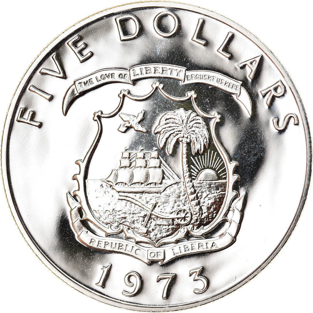 Moneta, Liberia, 5 Dollars, 1973, Proof, MS(65-70), Srebro, KM:29