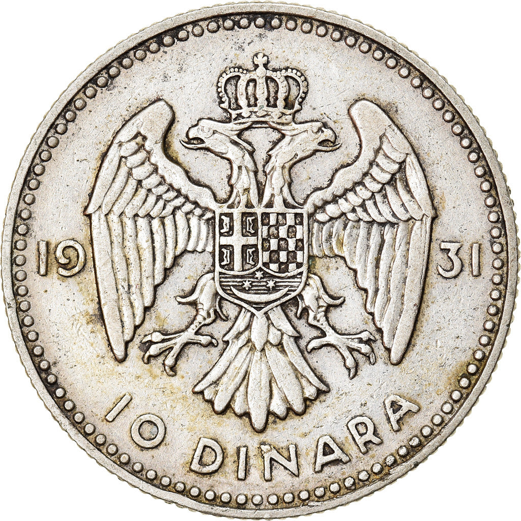 YUGOSLAVIA, 10 Dinara, 1931, London, KM #10, EF(40-45), Silver, 25, 6.95