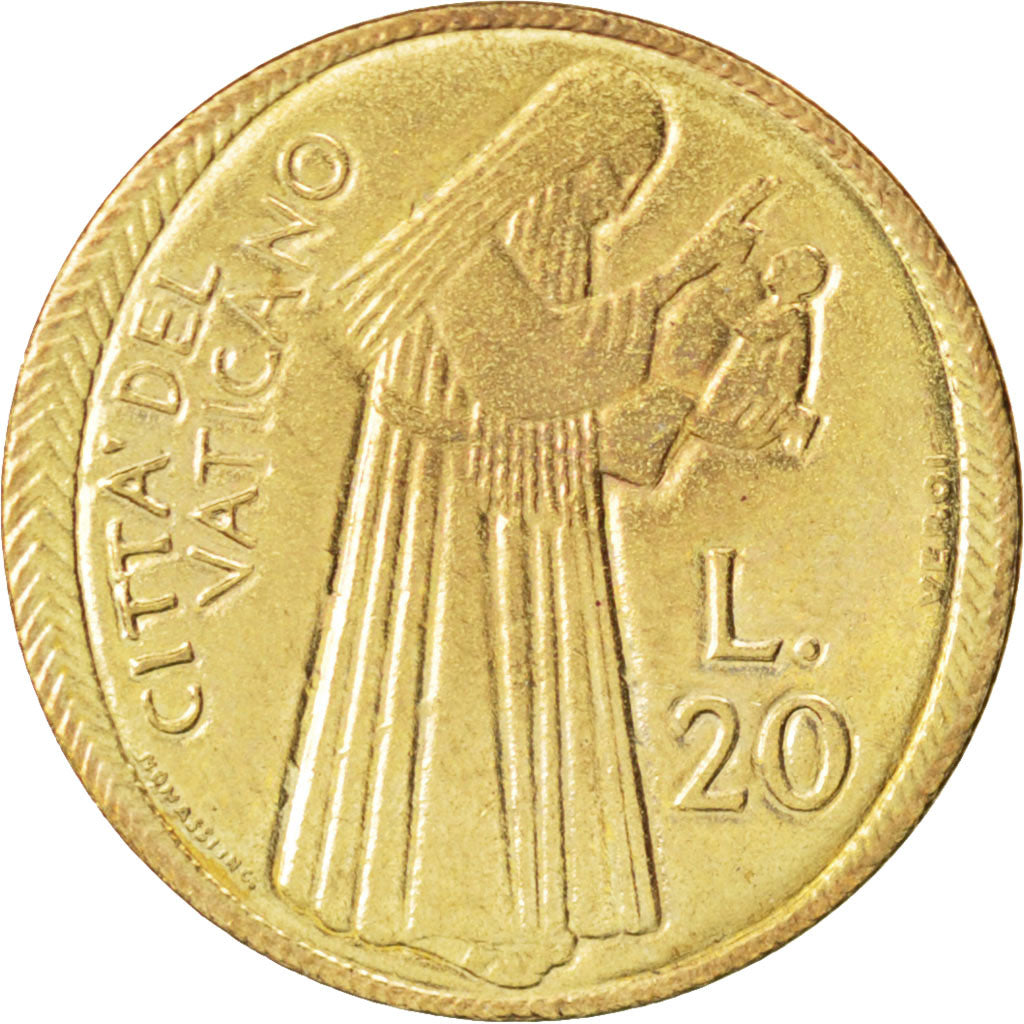 VATICAN CITY, 20 Lire, 1975, KM #128, MS(63), Aluminum-Bronze, 21.25, 3.62