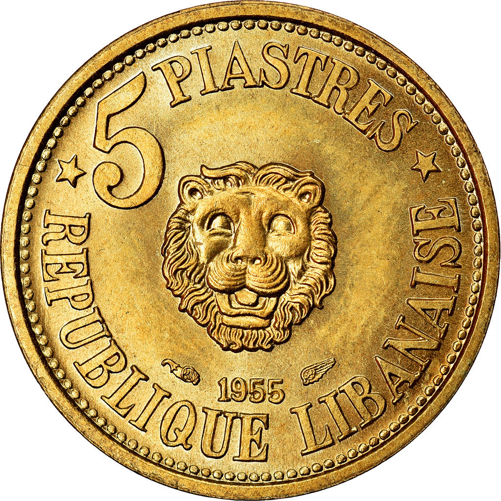 Coin, Lebanon, 5 Piastres, 1955, MS(63), Aluminum-Bronze, KM:21