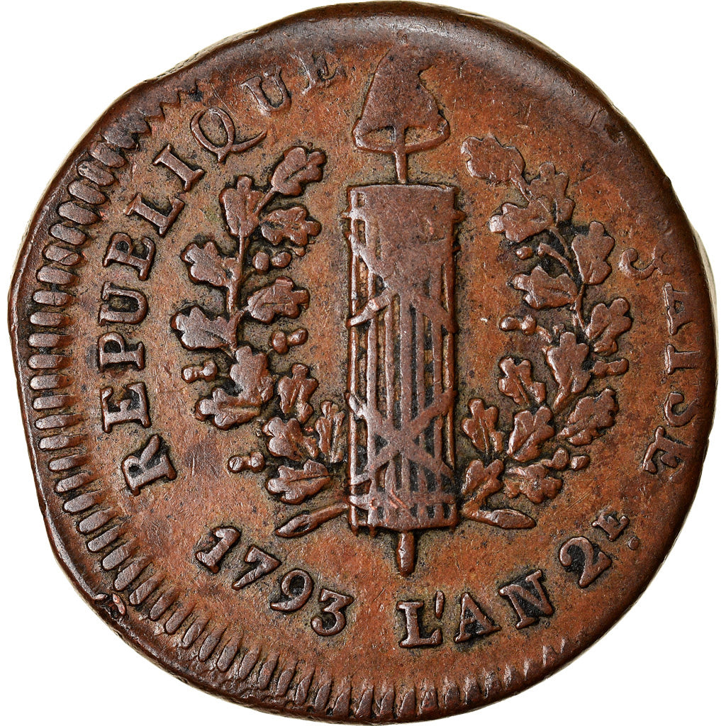 Coin, France, 2 Sols, 1793, Mayence, VF(30-35), Bronze, Gadoury:66