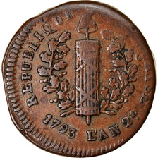 Coin, France, 2 Sols, 1793, Mayence, VF(30-35), Bronze, Gadoury:66