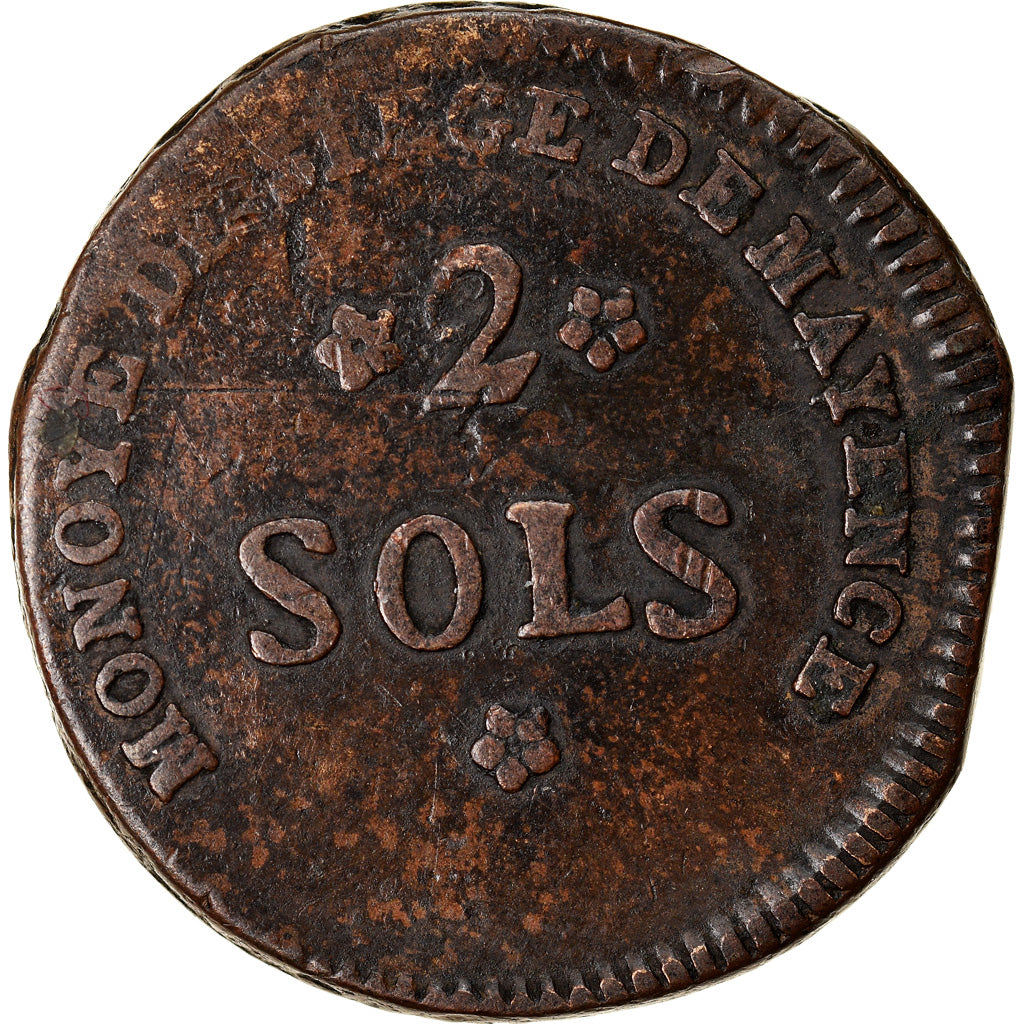 Coin, France, 2 Sols, 1793, Mayence, VF(30-35), Bronze, Gadoury:66