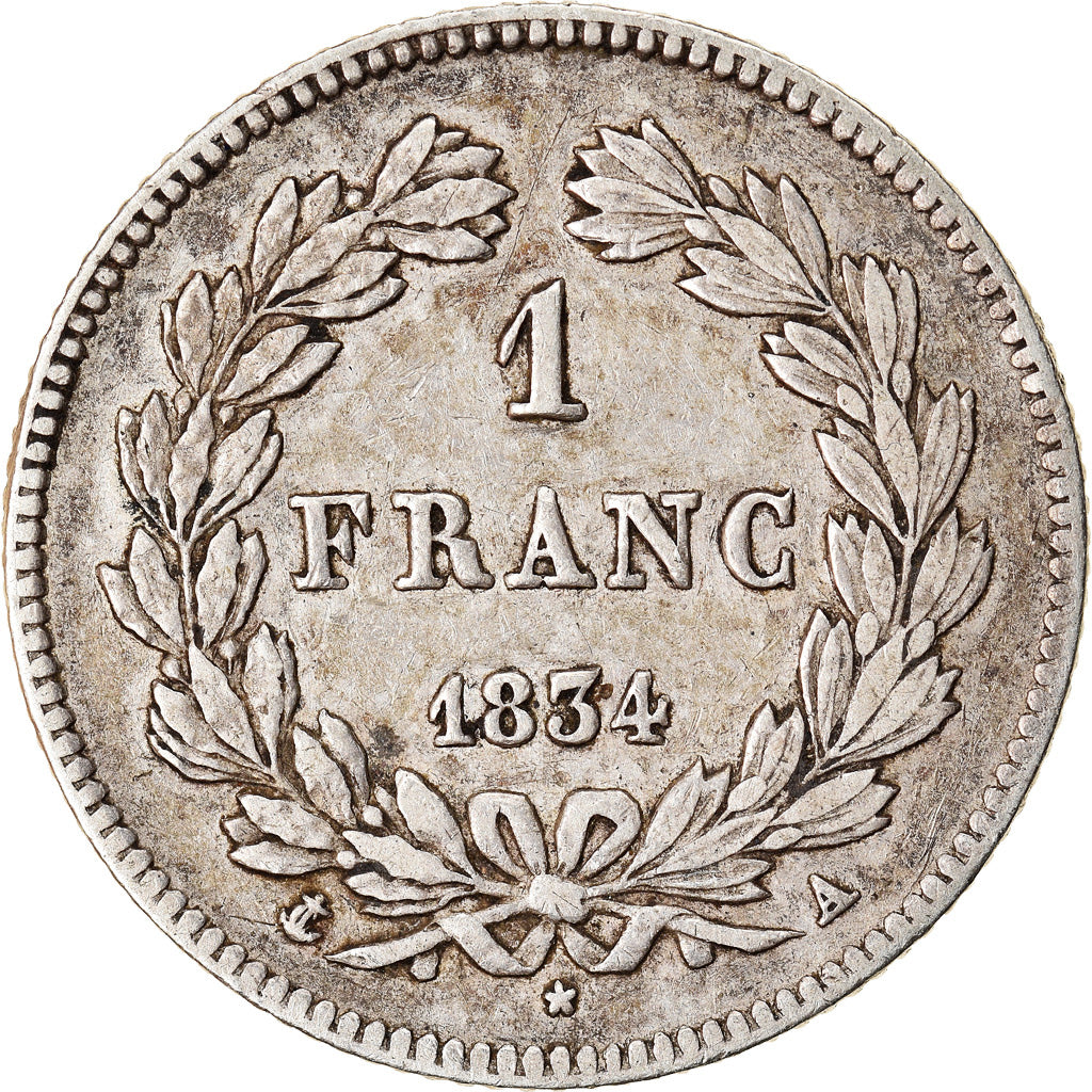 Coin, France, Louis-Philippe, Franc, 1834, Paris, VF(30-35), Silver, KM:748.1