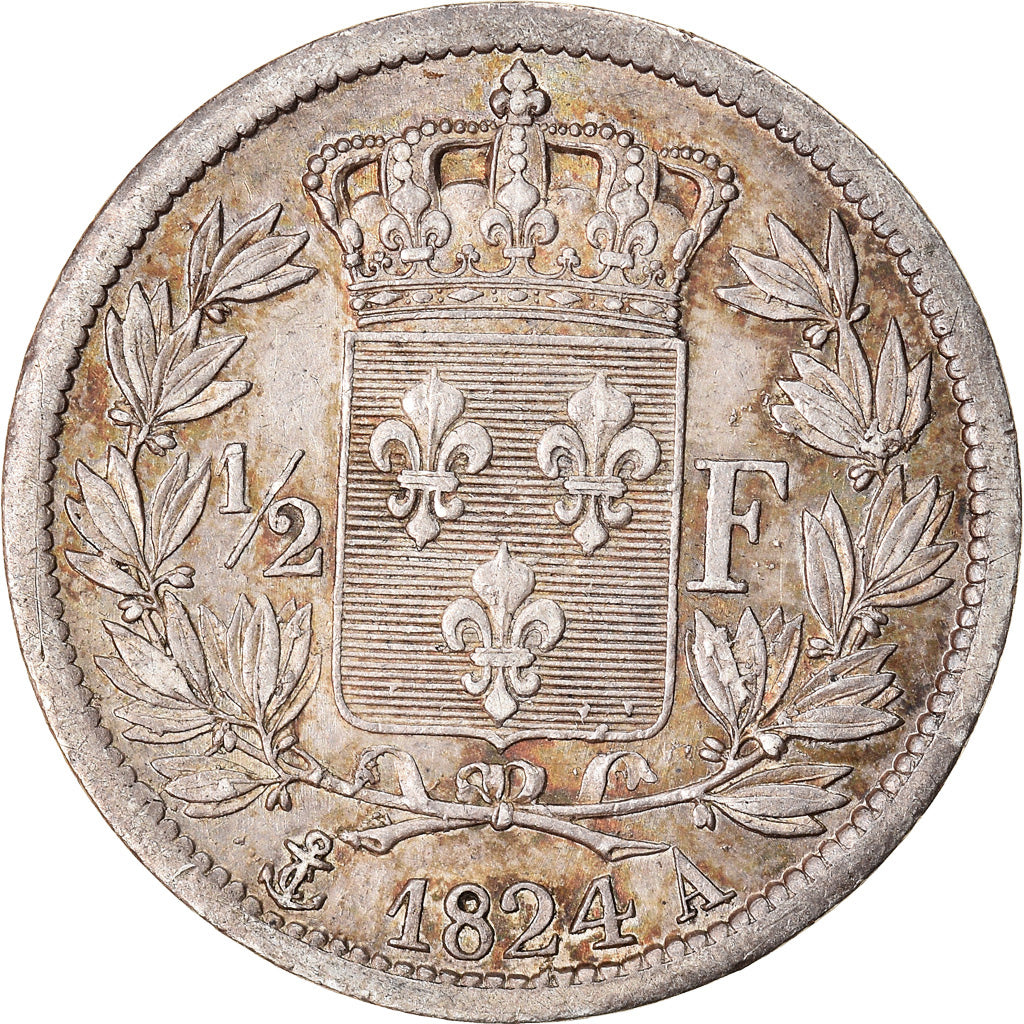 Munten, Frankrijk, Louis XVIII, Louis XVIII, 1/2 Franc, 1824, Paris, PR, Zilver