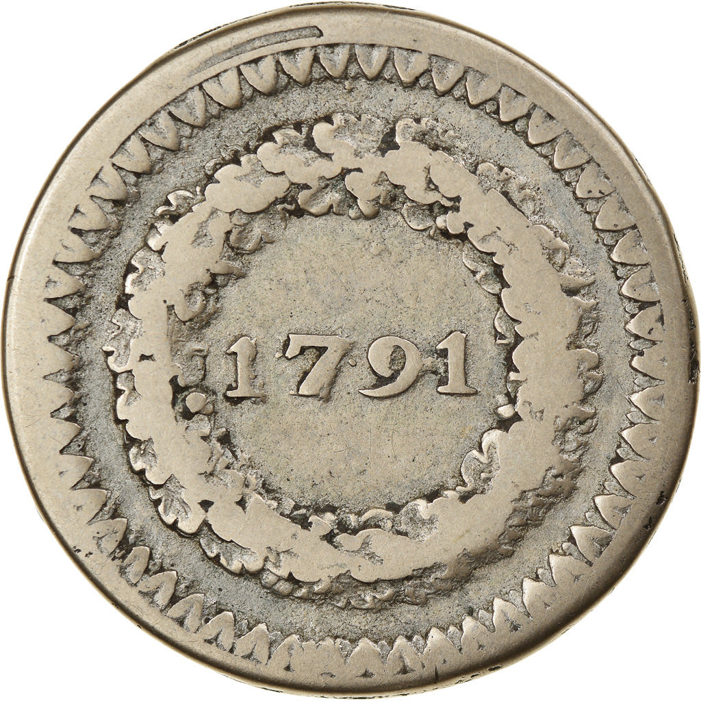 Moneda, Francia, Dixain de Rochon, 1791, Lyon, MBC+, Métal de cloche