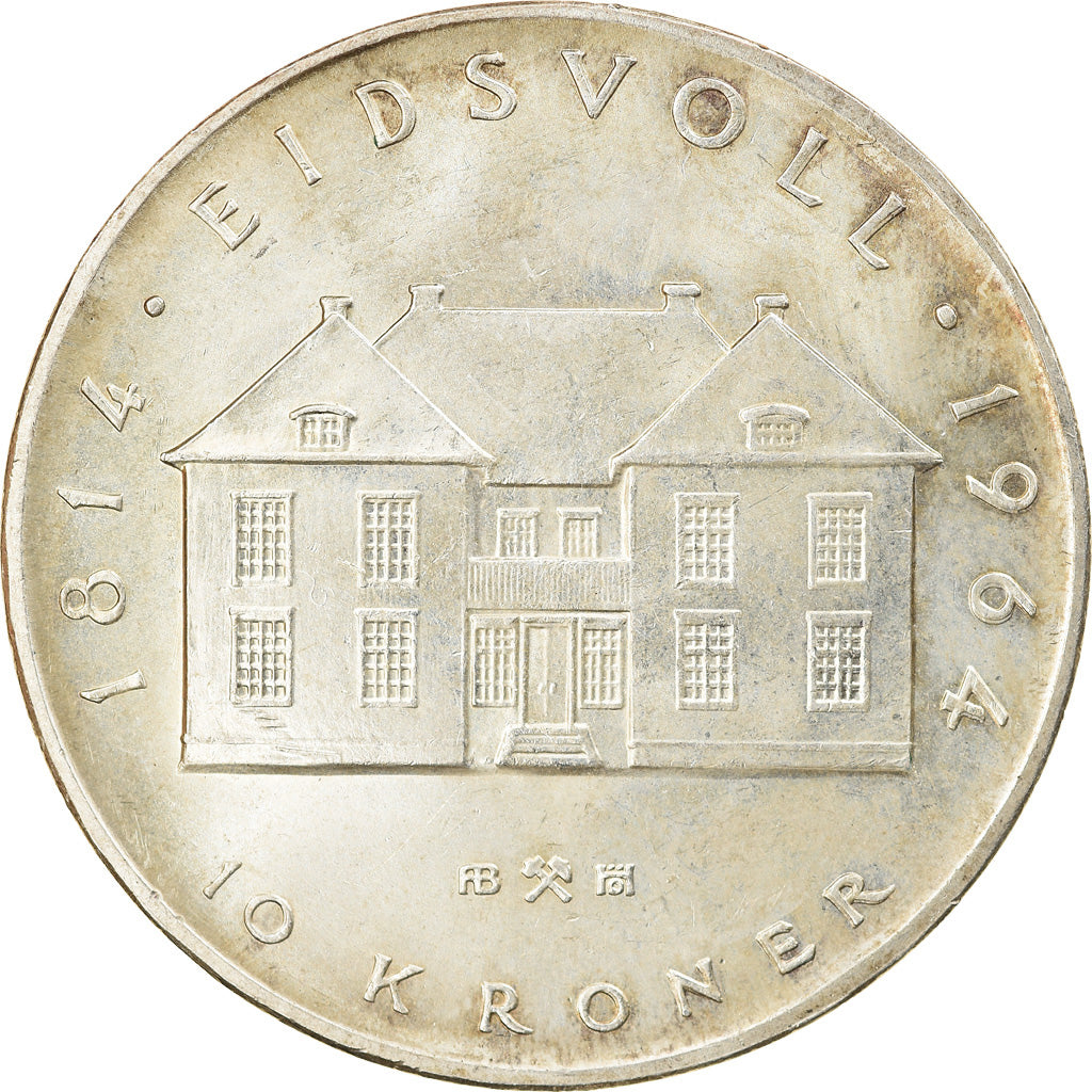 Coin, Norway, Haakon VII, 10 Kroner, 1964, AU(55-58), Silver, KM:413