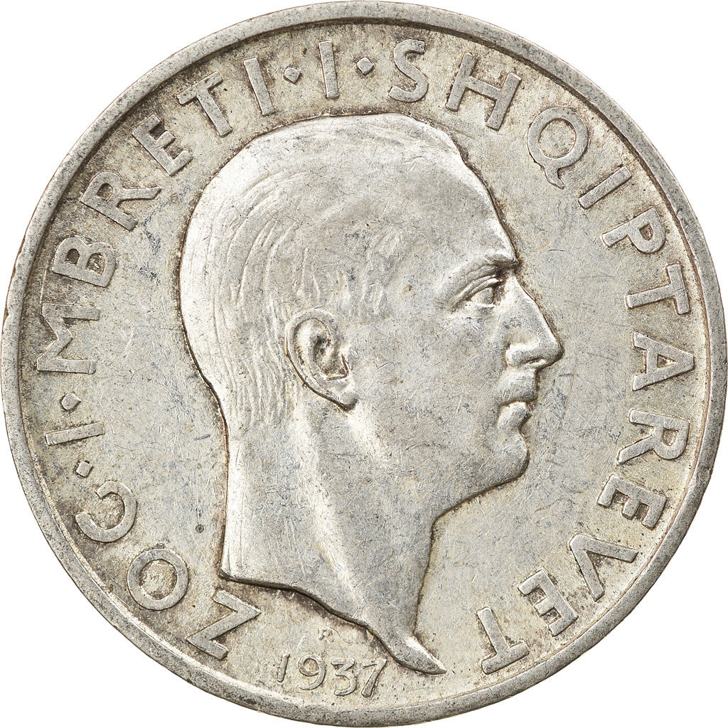 Coin, Albania, Zog I, Frang Ar, 1937, Rome, AU(50-53), Silver, KM:18