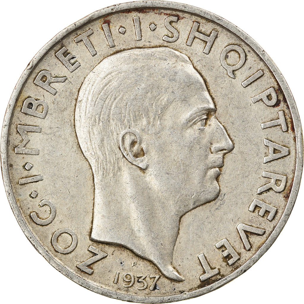 Coin, Albania, Zog I, Frang Ar, 1937, Rome, AU(50-53), Silver, KM:18