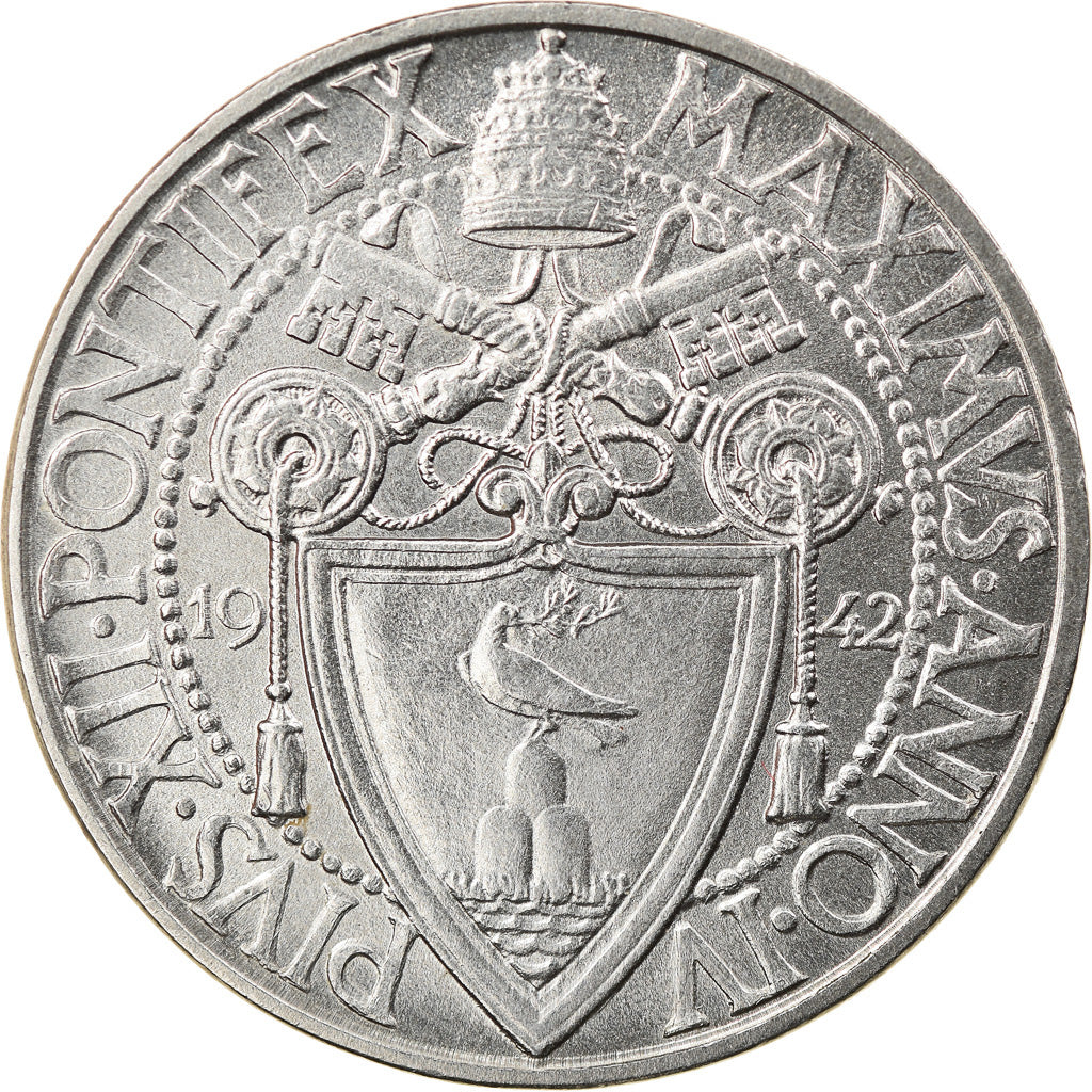 Munten, Vaticaanstad, Pius XII, 2 Lire, 1942, Roma, UNC-, Stainless Steel, KM:36