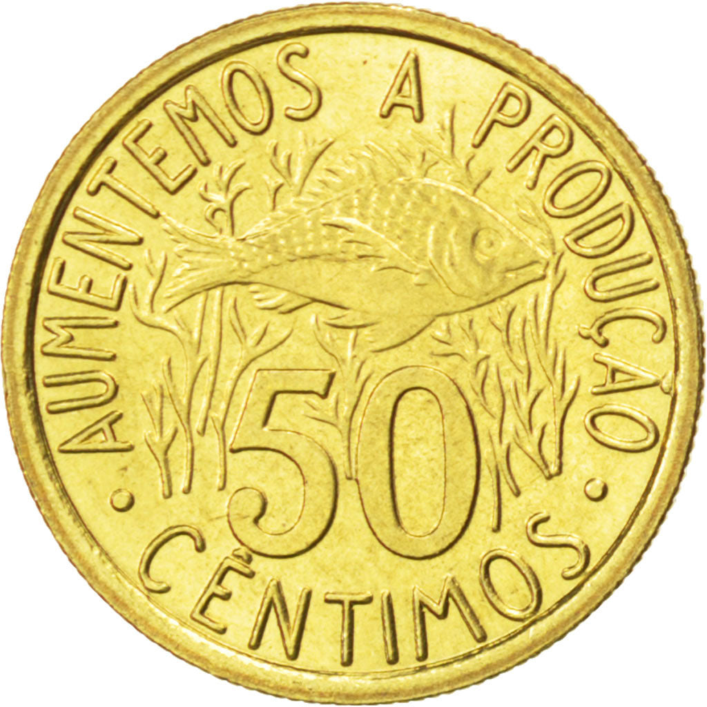 SAINT THOMAS & PRINCE ISLAND, 50 Centimos, 1977, KM #25, MS(63), Brass, 17, 1.75