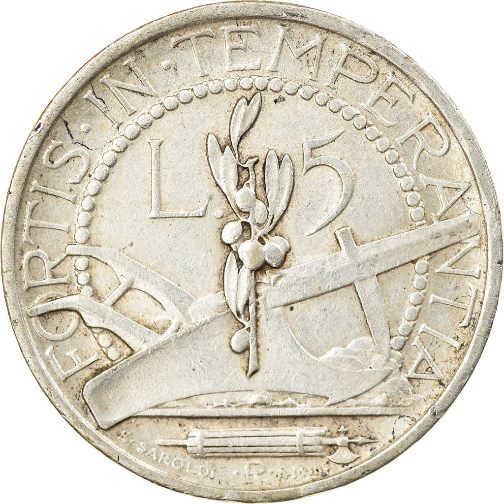 Coin, San Marino, 5 Lire, 1935, Rome, AU(55-58), Silver, KM:9