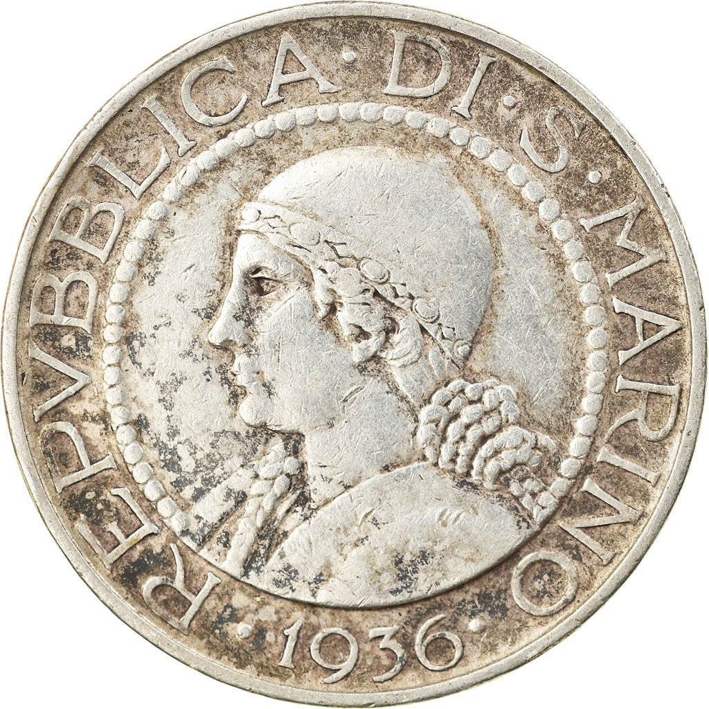 Moneda, San Marino, 5 Lire, 1936, Rome, MBC, Plata, KM:9