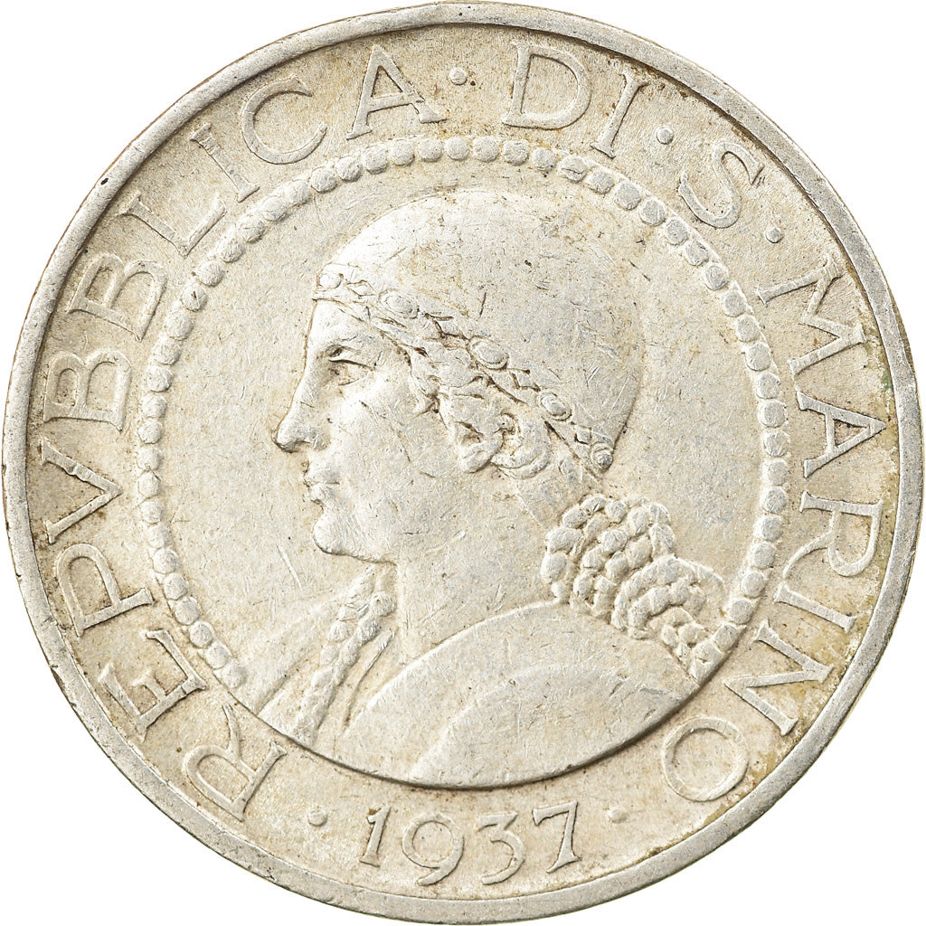 Moeda, San Marino, 5 Lire, 1937, Rome, AU(50-53), Prata, KM:9