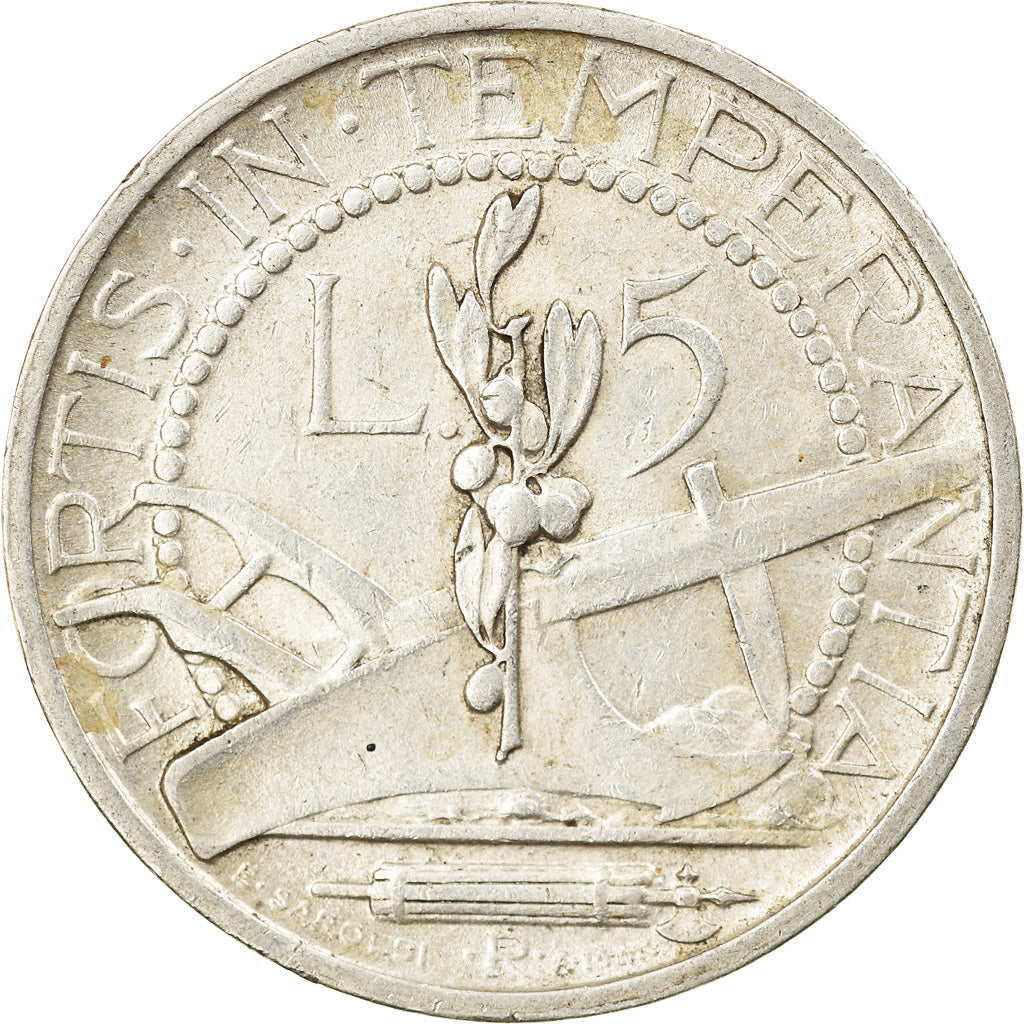 Moeda, San Marino, 5 Lire, 1937, Rome, AU(50-53), Prata, KM:9