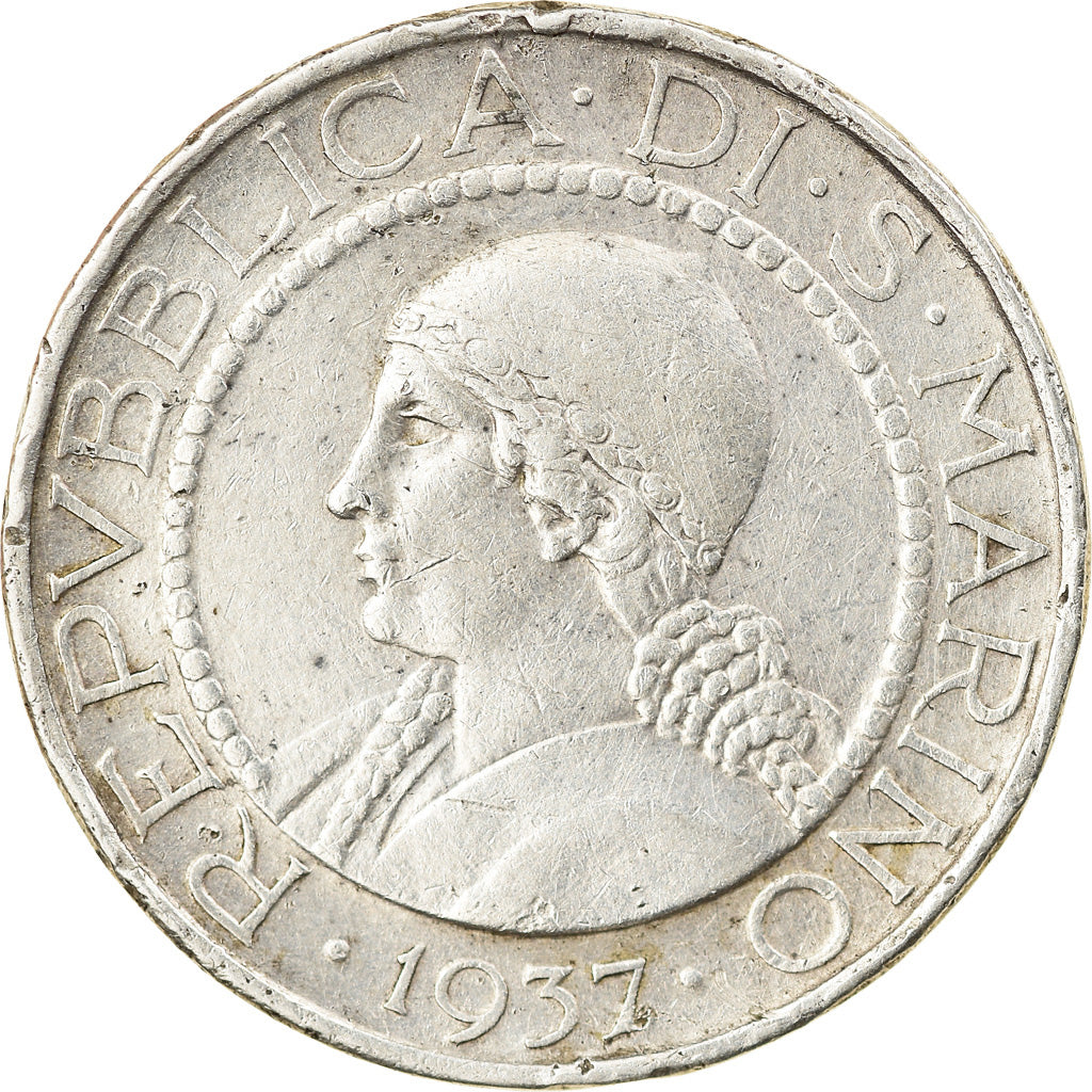 Coin, San Marino, 5 Lire, 1937, Rome, AU(50-53), Silver, KM:9