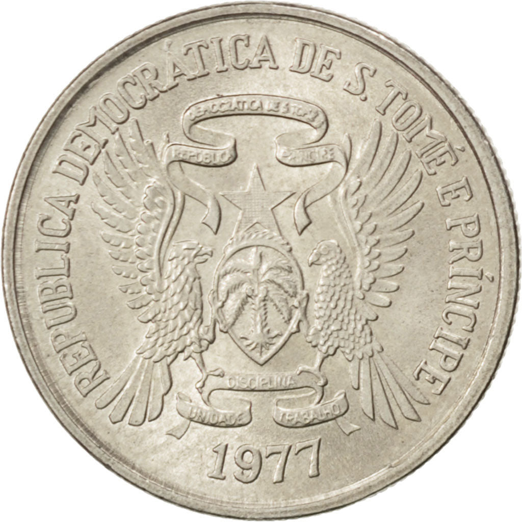 SAINT THOMAS & PRINCE ISLAND, 2 Dobras, 1977, KM #27, MS(63), Copper-Nickel,...