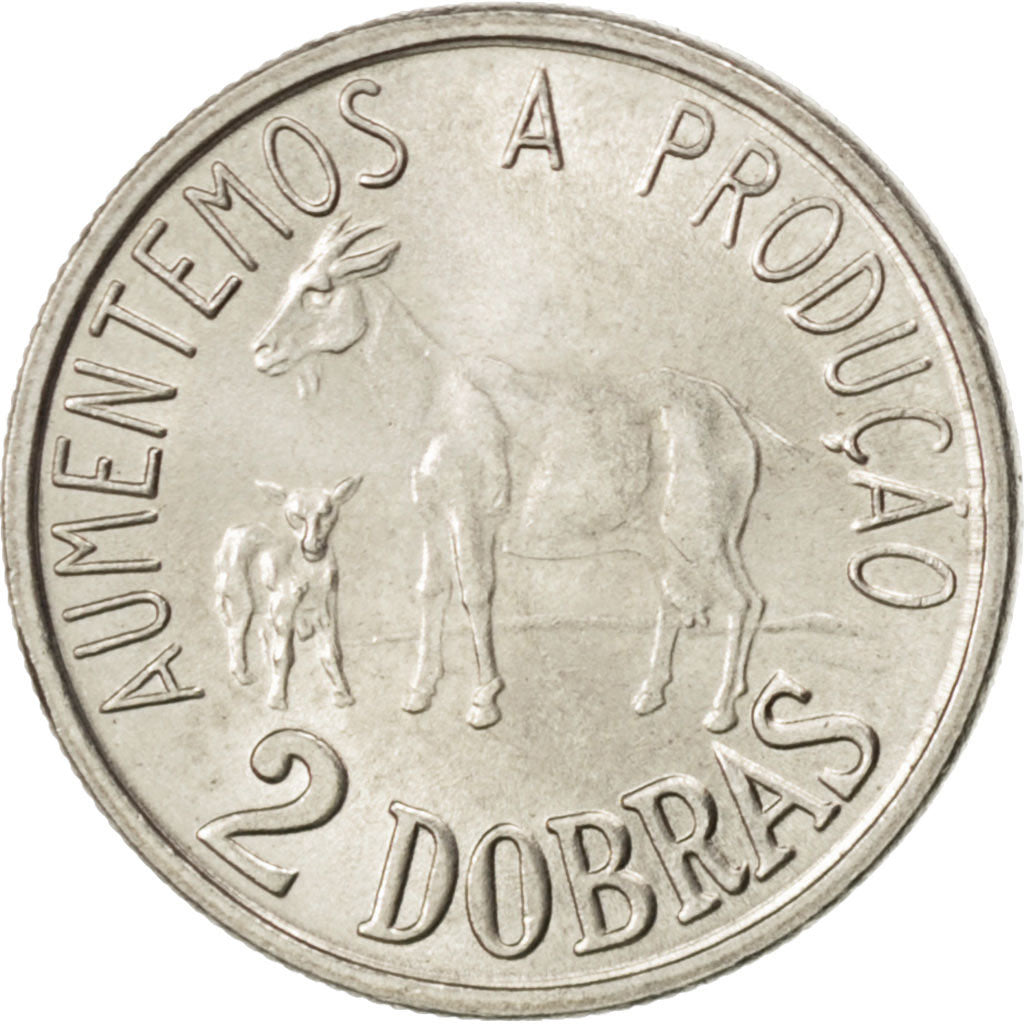 SAINT THOMAS & PRINCE ISLAND, 2 Dobras, 1977, KM #27, MS(63), Copper-Nickel,...