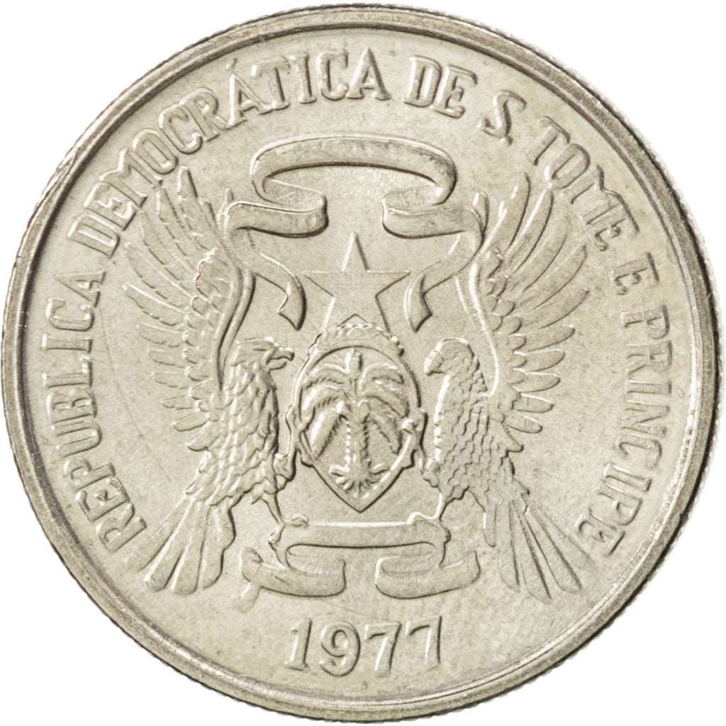 SAINT THOMAS & PRINCE ISLAND, 5 Dobras, 1977, KM #28, MS(63), Copper-Nickel,...