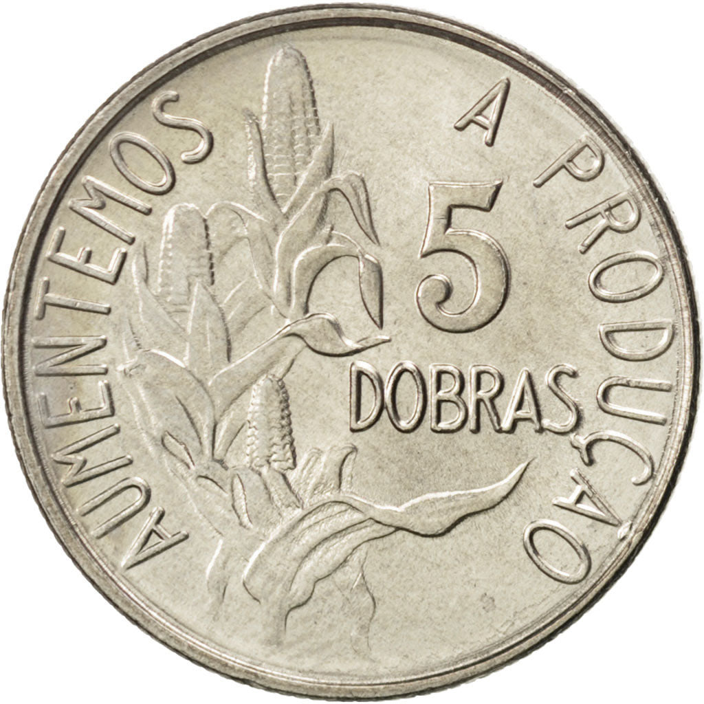 SAINT THOMAS & PRINCE ISLAND, 5 Dobras, 1977, KM #28, MS(63), Copper-Nickel,...