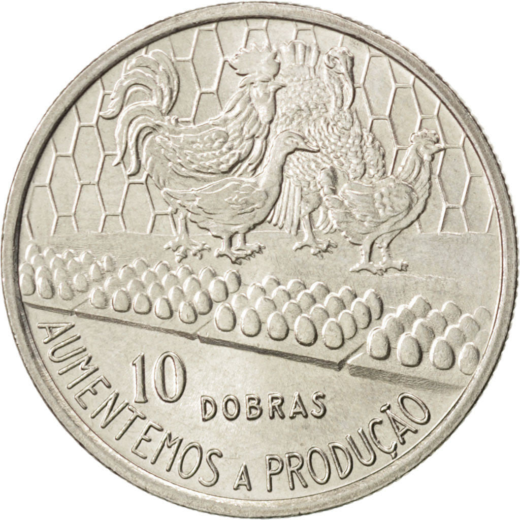 SAINT THOMAS & PRINCE ISLAND, 10 Dobras, 1977, KM #29, MS(63), Copper-Nickel,...