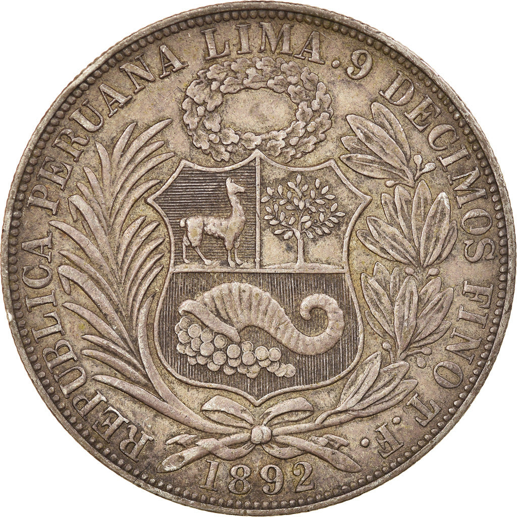 Moneda, Perú, SOUTH PERU, Sol, 1892, Santiago, MBC, Plata, KM:196.24
