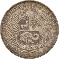Moneda, Perú, SOUTH PERU, Sol, 1892, Santiago, MBC, Plata, KM:196.24
