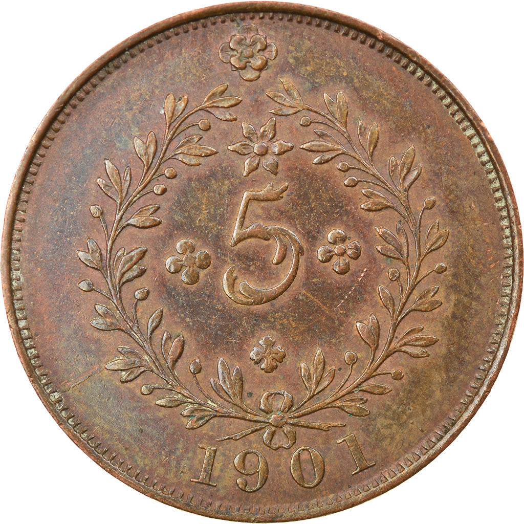 Moneta, Azzorre, 5 Reis, 1901, BB+, Rame, KM:16