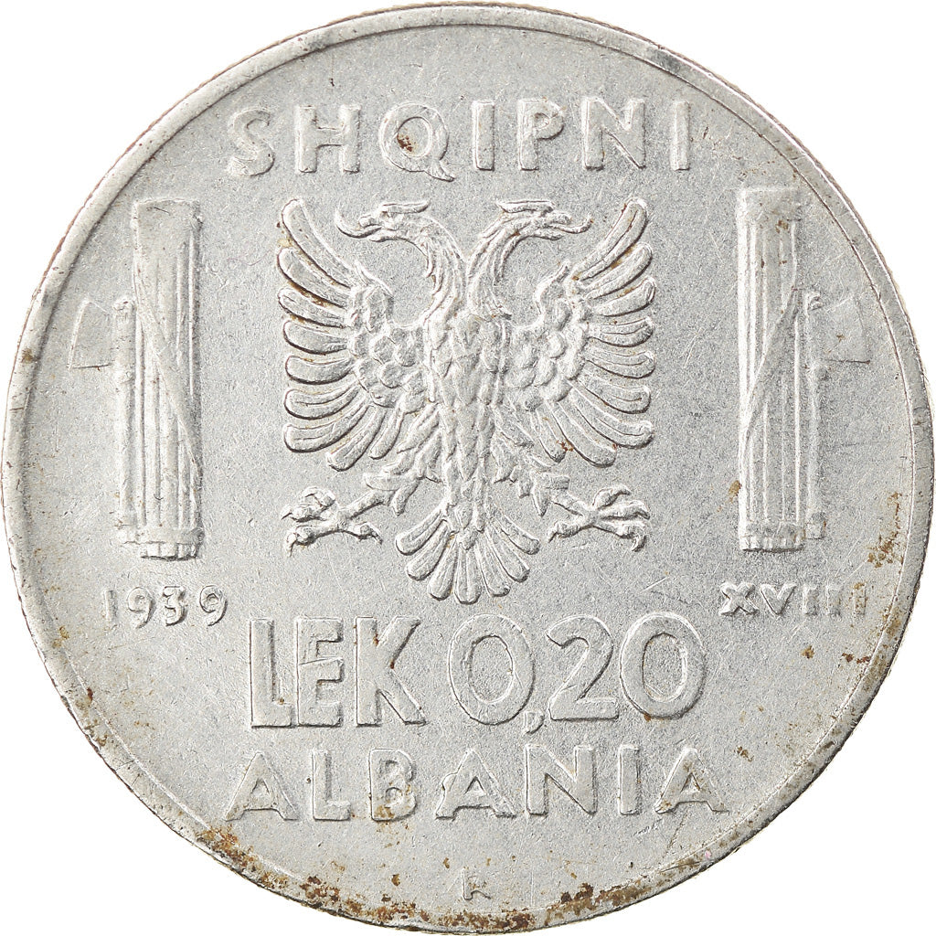 Coin, Albania, Vittorio Emanuele III, 0.20 Lek, 1939, Rome, EF(40-45), Stainless