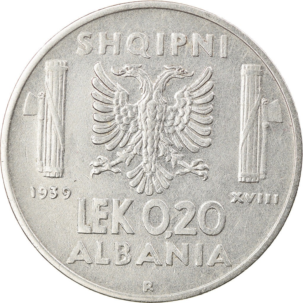 Moeda, Albânia, Vittorio Emanuele III, 0.20 Lek, 1939, Rome, AU(55-58), Aço