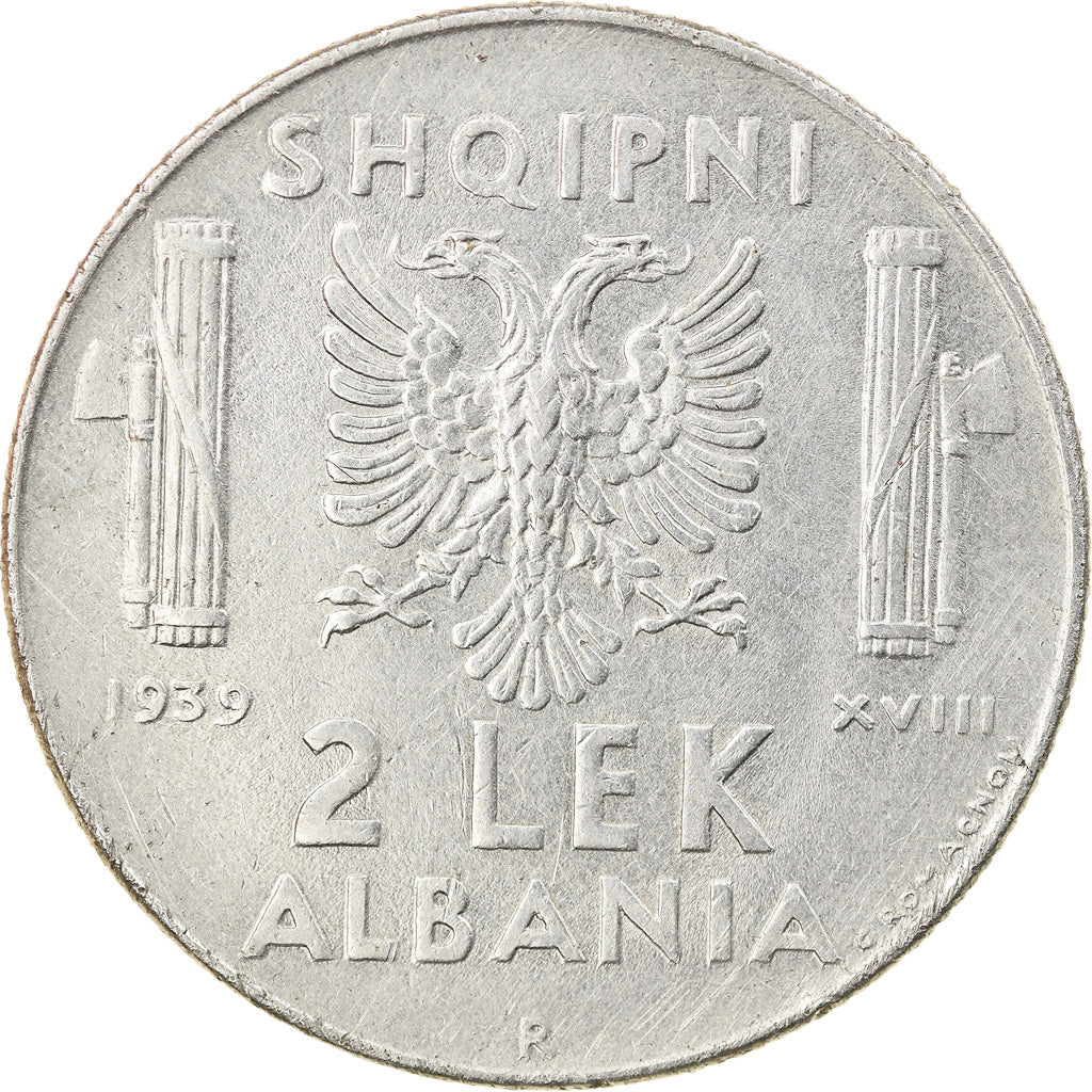Coin, Albania, Vittorio Emanuele III, 2 Lek, 1939, Rome, EF(40-45), Stainless