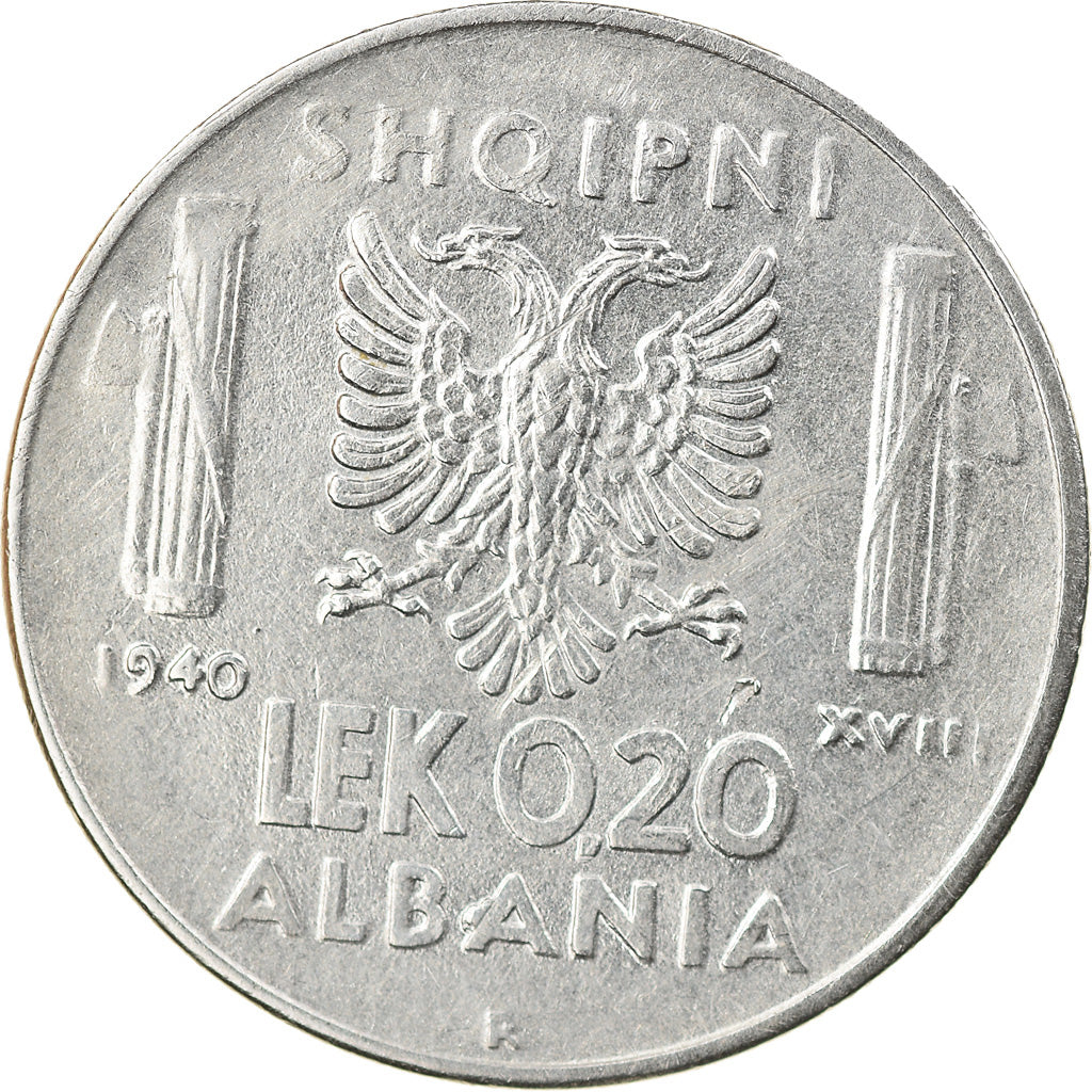 Coin, Albania, Vittorio Emanuele III, 0.20 Lek, 1940, Rome, AU(50-53), Stainless