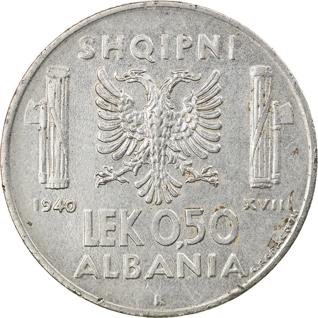 Coin, Albania, Vittorio Emanuele III, 0.50 Lek, 1940, Rome, EF(40-45), Stainless