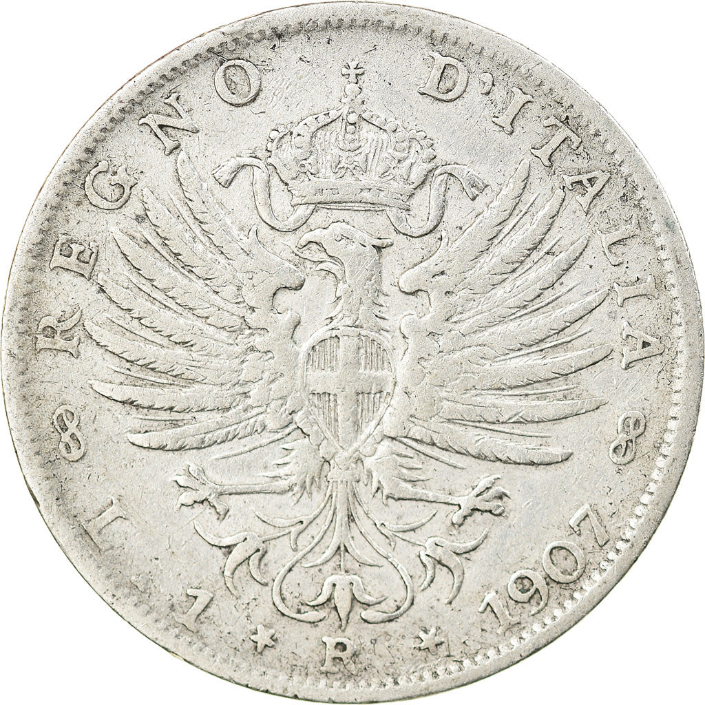 Moneda, Italia, Vittorio Emanuele III, Lira, 1907, Rome, BC+, Plata, KM:32