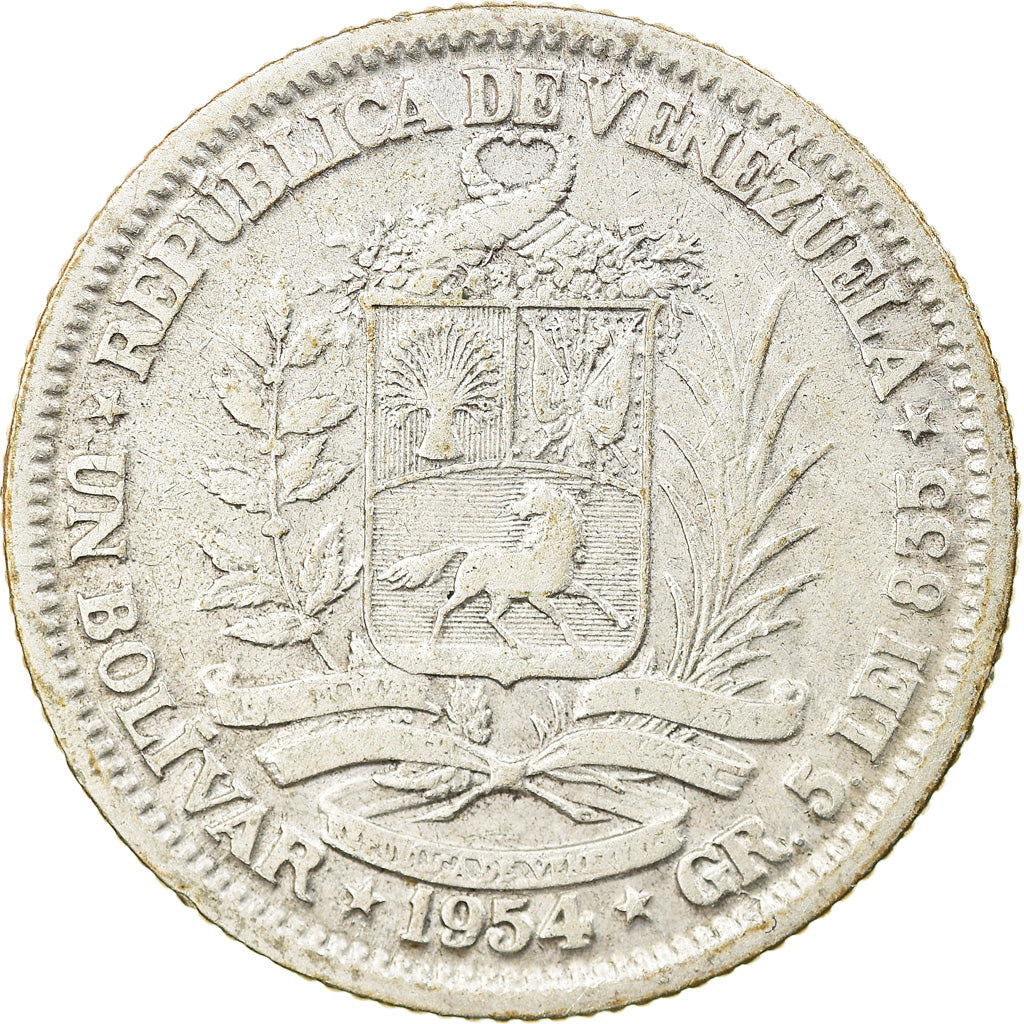 Coin, Venezuela, Bolivar, 1954, Philadelphia, VF(30-35), Silver, KM:37