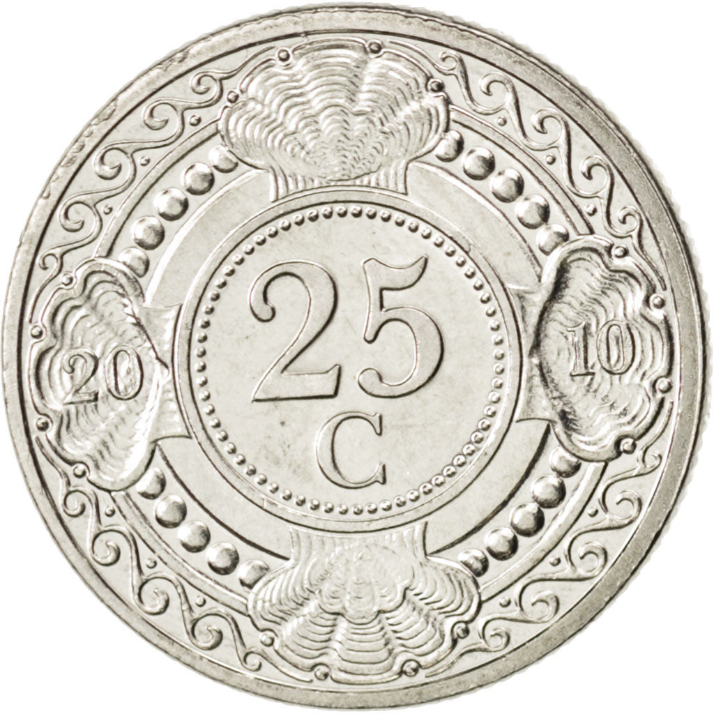 NETHERLANDS ANTILLES, 25 Cents, 2010, KM #35, MS(63), Nickel Bonded Steel,...