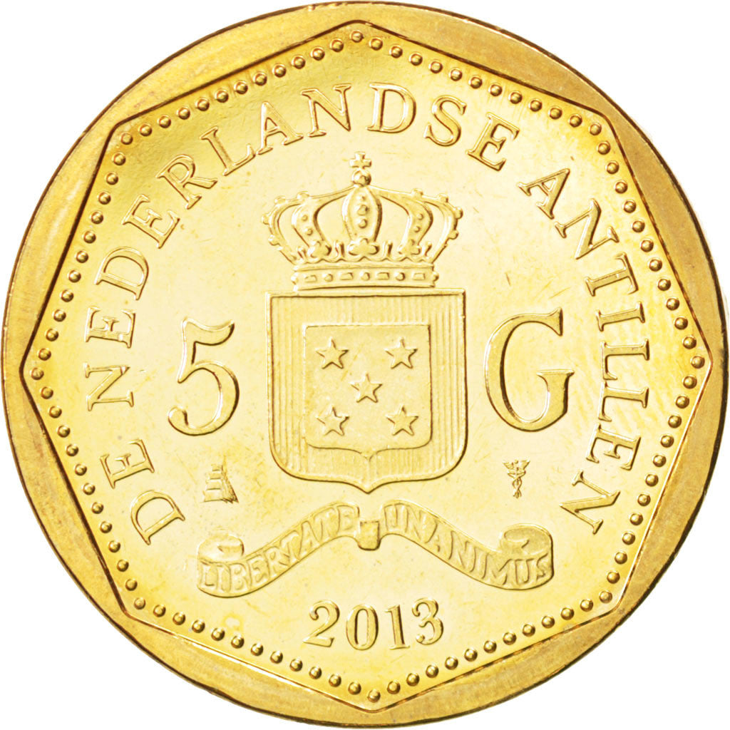 Coin, Netherlands Antilles, 5 Gulden, 2013, MS(63), Brass plated steel, KM:New