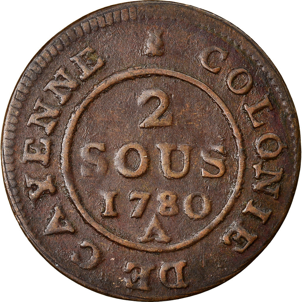 Monnaie, FRENCH GUIANA, Louis XVI, 2 Sous, 1780, Paris, TB+, Billon, KM:1