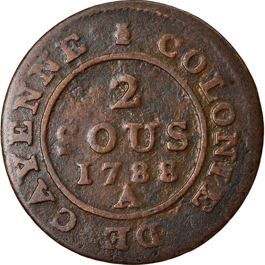 Moneda, GUAYANA FRANCESA, 2 Sous, 1788, Paris, BC+, Vellón, KM:1