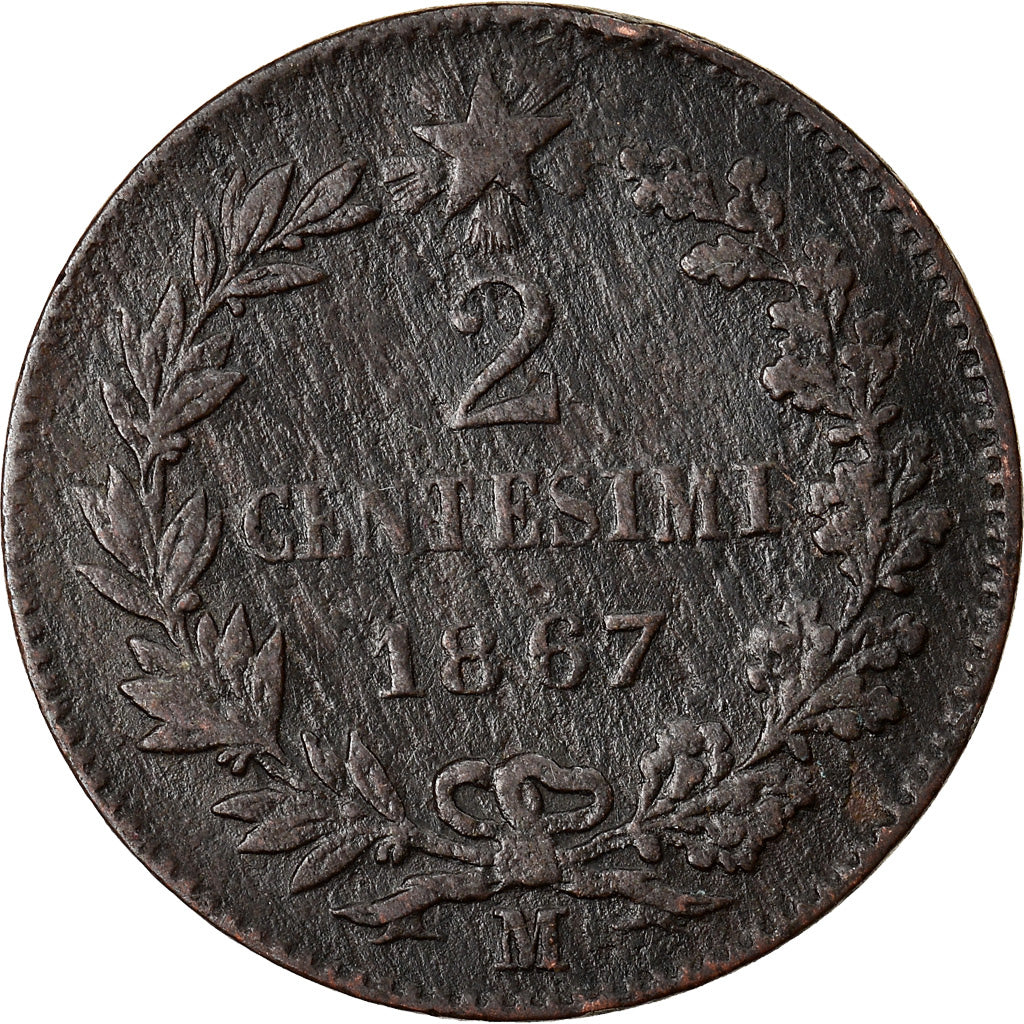 Moneda, Italia, Vittorio Emanuele II, 2 Centesimi, 1867, Milan, MBC, Cobre