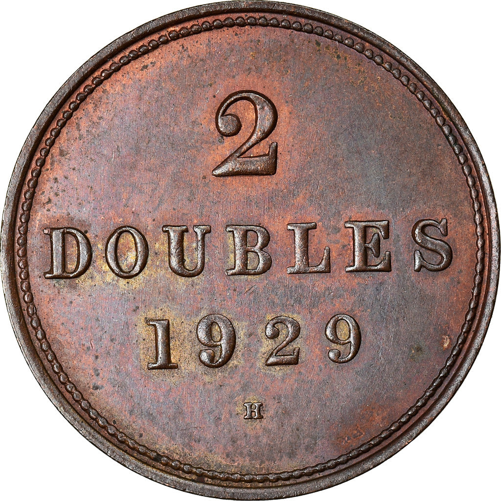 Coin, Guernsey, 2 Doubles, 1929, Heaton, Birmingham, AU(55-58), Bronze Plated