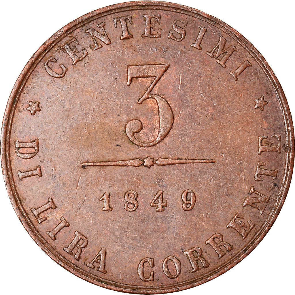 Coin, ITALIAN STATES, VENICE, 3 Centesimi, 1849, Venice, MS(60-62), Copper